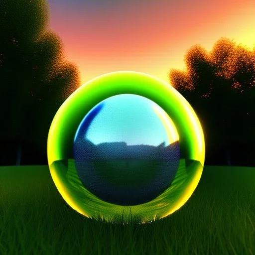 blue transparent sphere on the left side, green meadow, sunset, photorealistic, 8k