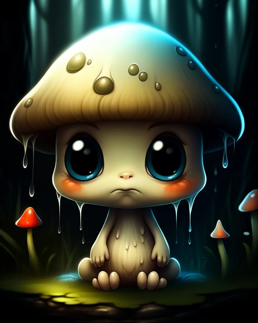 A melancholic creepy kawaii mushroom with a tiny, frowning mouth and big droopy eyes, sitting on a mossy log in a quiet and peaceful forest, lost in its own thoughtsto add personality, outline