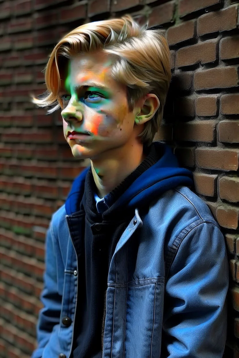 Hyperrealistisch 16jähriger schlanker effeminierter blonder Junge mit hellblauen Augen, das Haar mit Gel nach hinten gekämmt, langer dunkelblauer Filzmantel, darunter weißes T-Shirt und Jeans, lehnt gegen Ziegelwand