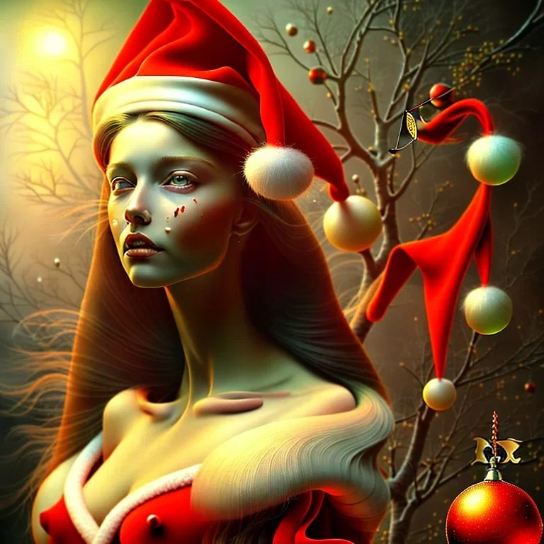 art by michael hutter, wood nymph, breasts, two santa hats