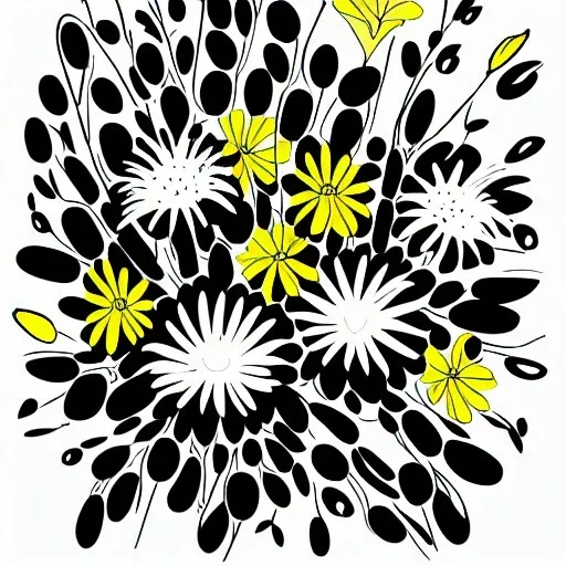 illustration of a bouquet of white daisies, digital illustration, thick black lineart, pastel colors, plain yellow background, minimalist art