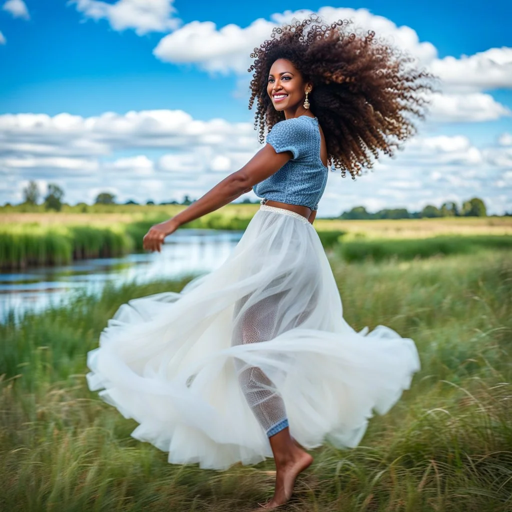 full body shot of very beautiful lady dancing in country side , curly hair ,next to small clean water river,pretty clouds in blue sky