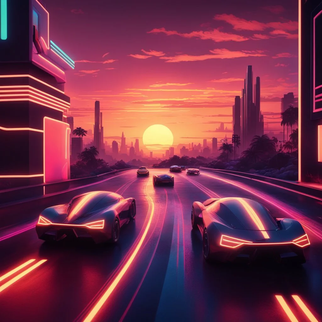 A cinematic photo of Sunset Drive, bathed in warm, neon-lit hues, evoking the nostalgia of Retrowave and 8Bit eras, with bold, geometric shapes and vibrant, electric colors, set against a backdrop of a fiery, synth-heavy sunset, with sleek, futuristic cars speeding by, leaving trails of light, amidst a futuristic cityscape, infused with a sense of retro-futurism, and a hint of digital glitch, with bold, contrasting highlights and deep, rich shadows, capturing the essence of Synthwave's retro-uto