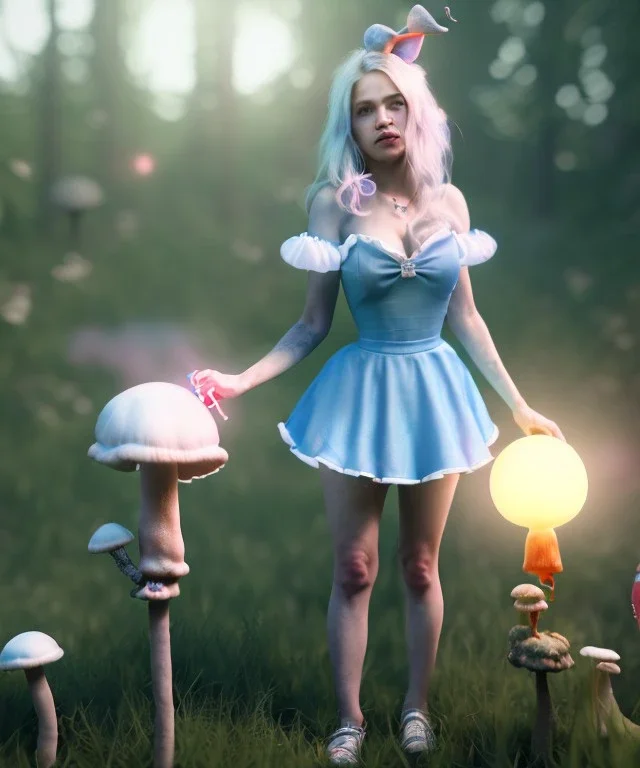 Ultra realistic wonderland photo, happy blonde Alice smoking a pipe, blue dress, white rabbit pet, circus dress style, old school tattoo, smoke, marijuana garden, glow eyes, perfect iris, little mushroom balloons, soft color, highly detailed, unreal engine 5, ray tracing, RTX, lumen lighting, ultra detail, volumetric lighting, high definition.