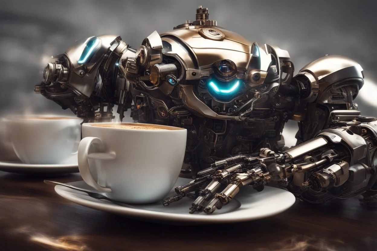 A hyper-realistic, , A sleek, metallic robot perched atop a steaming cup of coffee, its glowing eyes surveying the horizon., Photo Real, 64k