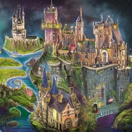 A magical canal city of wizards, witches and warlocks with a castle Andy Catling style