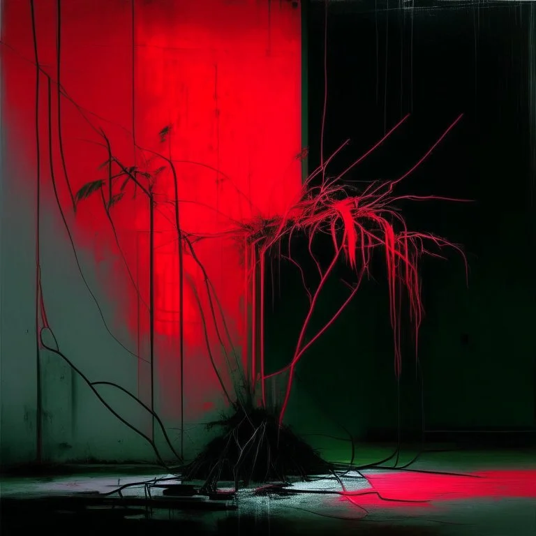 Minimal abstract oil painting of a neon plant in concrete warehouse brutalist architecture and hanging wires illuminated at night. With triadic red colours. In the style of Justin Mortimer and Phil Hale, Ashley Wood