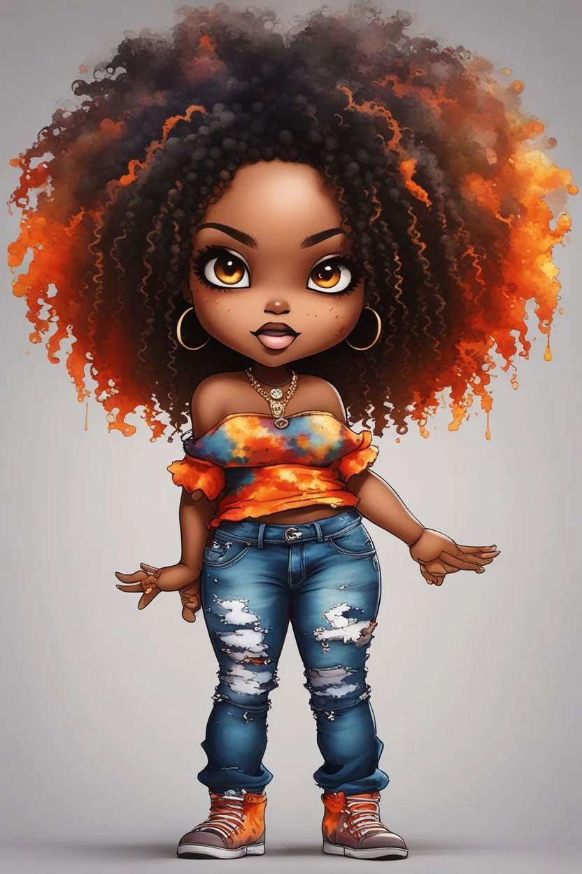 create a colorful abstract graffiti art image 8k of a chibi curvy black female wearing torn jeans pants and a orange tie dye off the shoulder blouse. Prominent make up with hazel eyes. Highly detailed long tight curly afro in a hair wrap.