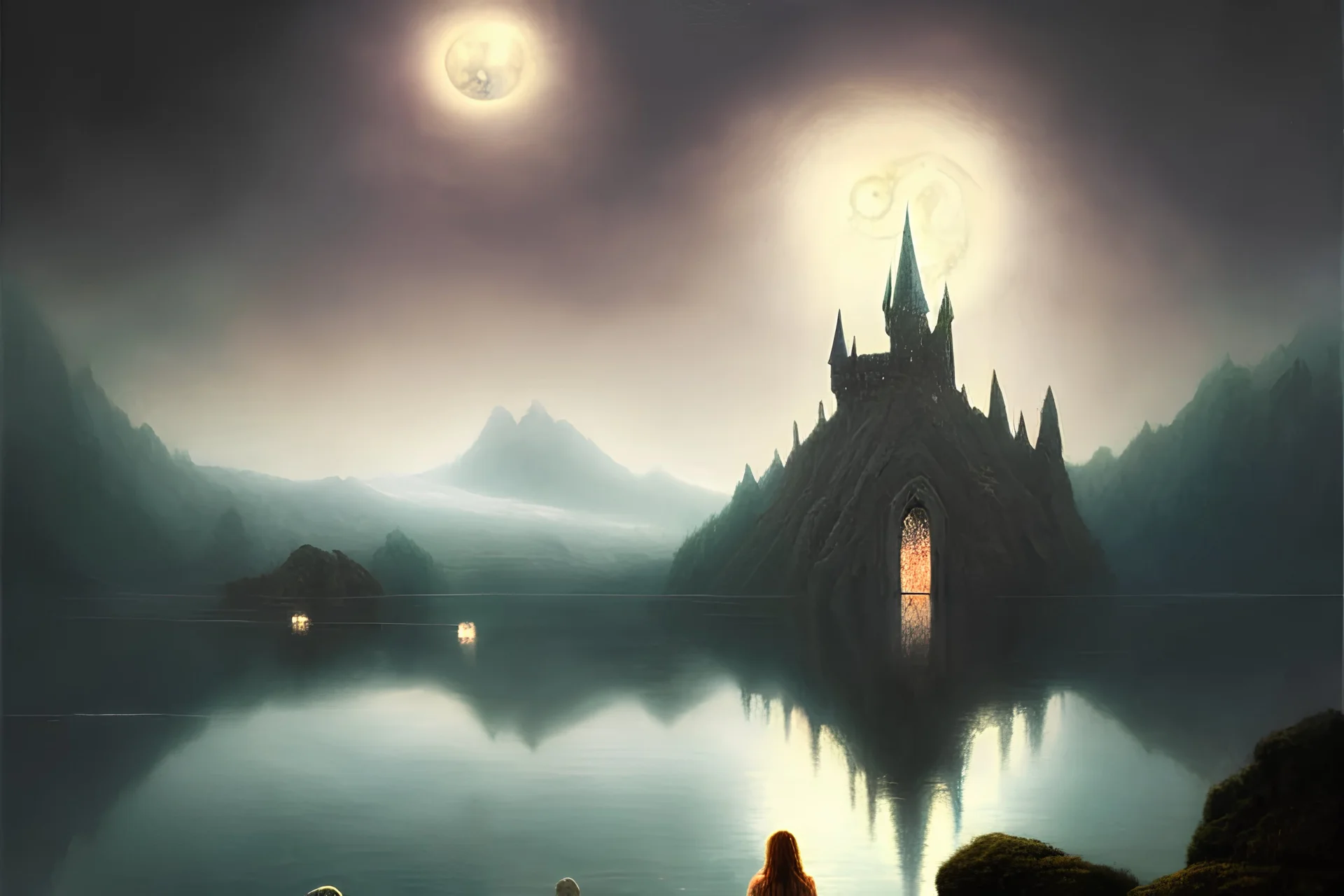 Raya Lucaria, academy, space, Elden ring, majestic painting masterpiece, rich detail, on rock pillar, lake in front, hogwarts castle,dragons, mist, lumen reflection, Nerdrum, deep rich color, moon, moon light, church spire, divine light, Martin Wittfooth, Mandy Jurgens