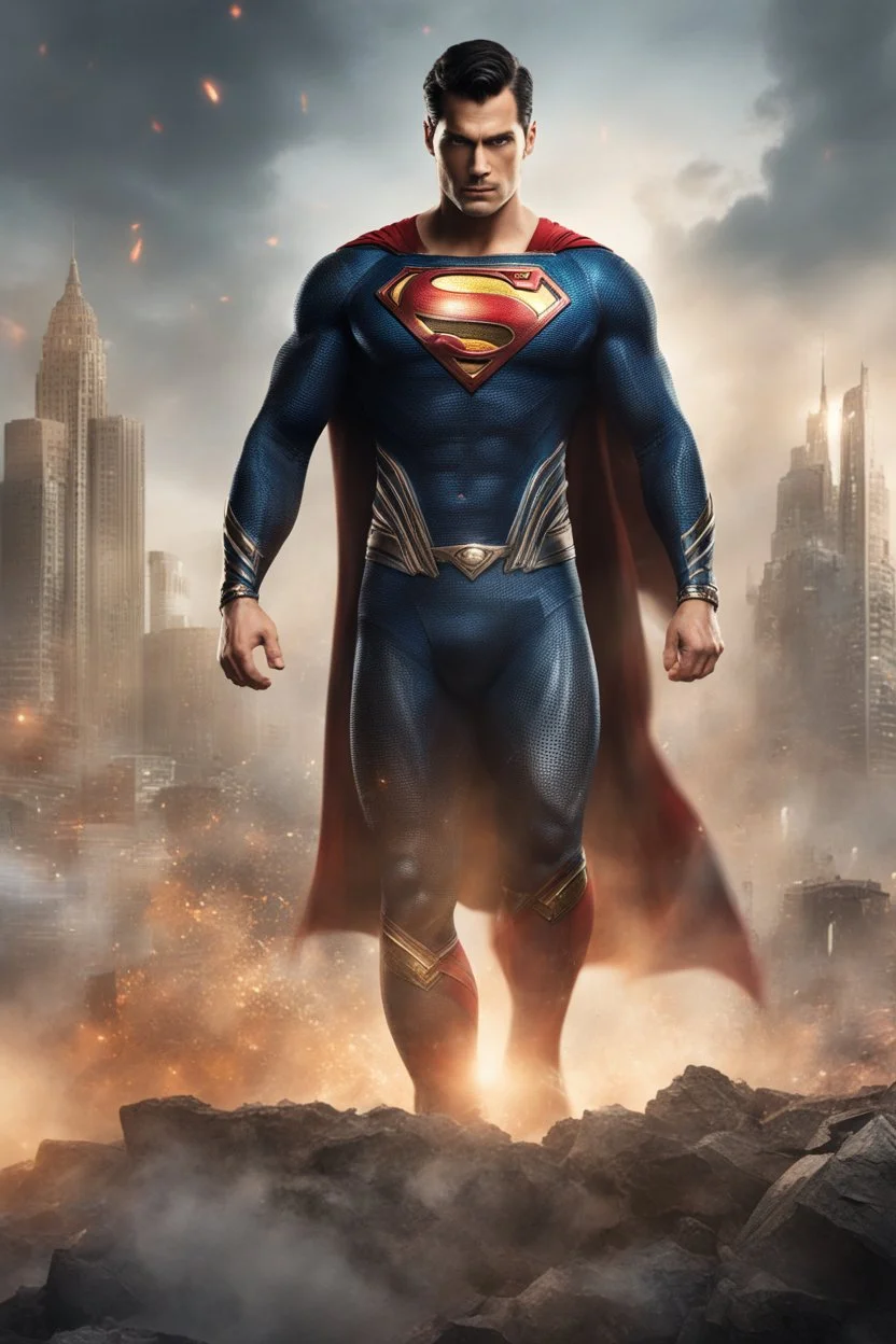 Superman.He looks forward with radiant eyes In a new, sophisticated suit Ornate gold, black, red, glowing blue energy tattoo decorated with a Mandala pattern. Strong, fit body. Muscles. A cinematic scene. A destroyed city scene