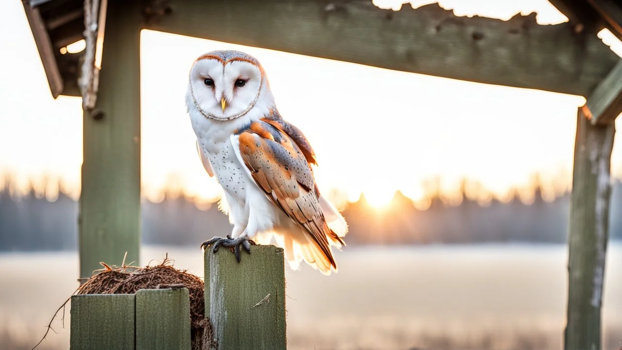 a barn owl sitting an old ruined hut rooftop and looking to te camera, over a winter landscacpe with european forest , little light, sunrise, high detailed, sharp focuses, photorealistic, perspective, cinematic