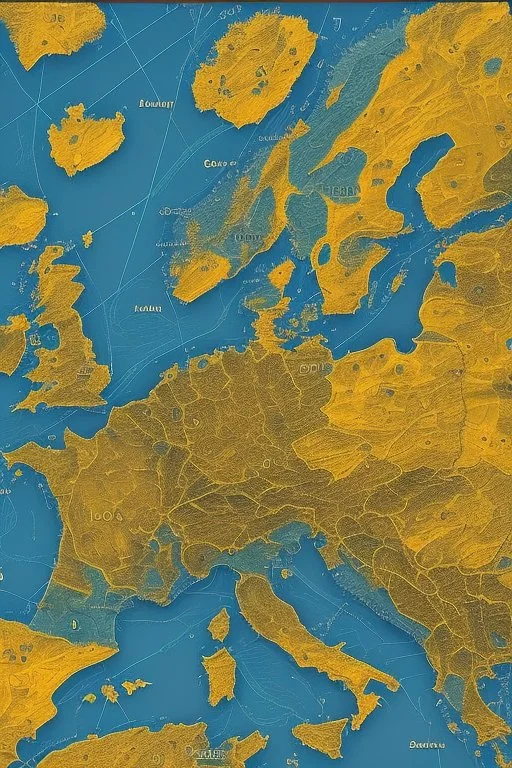 European countries are viewed from space, roads, cities, signs are visible. Highlight the names of the countries on the map. The clouds are naturalistic