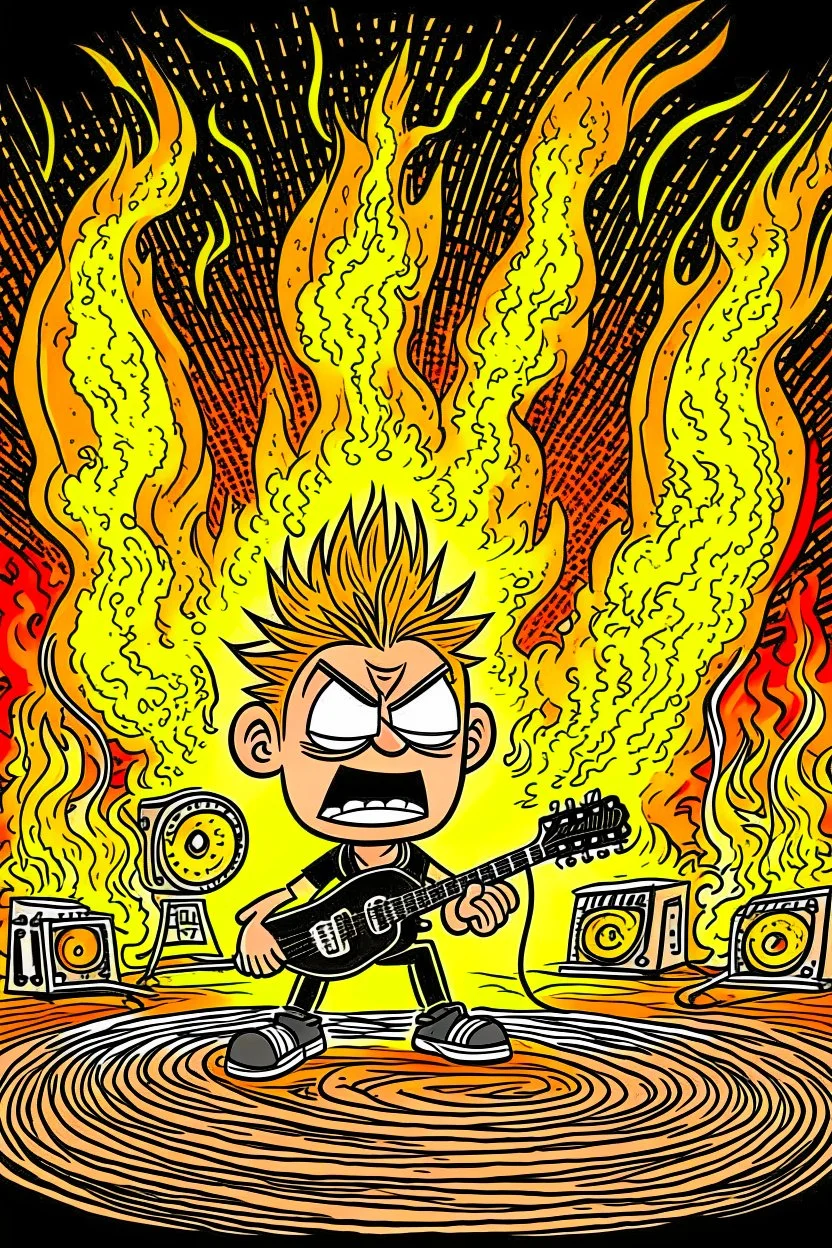 Firestarter animateur radio metal. Cartoon. Flames all around.