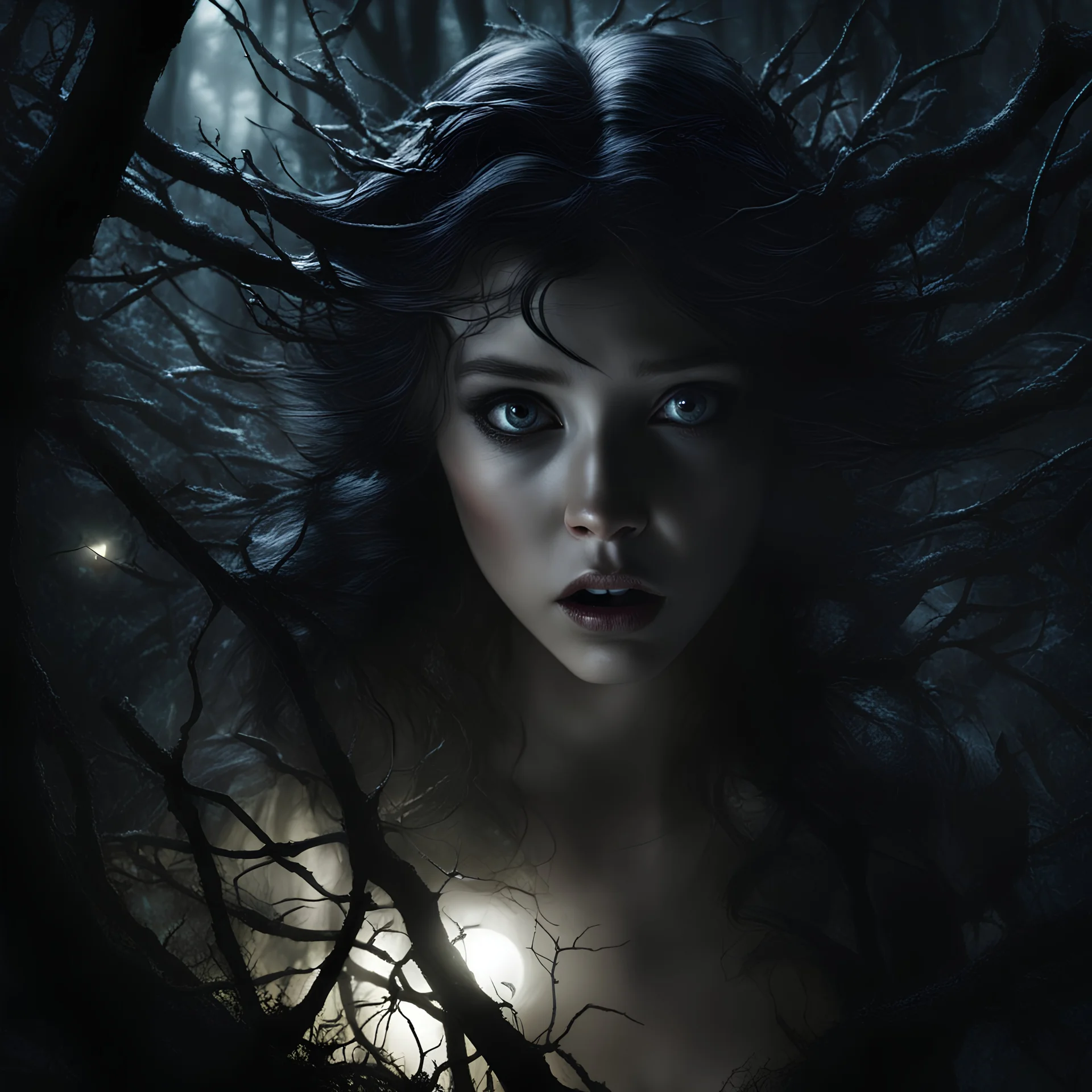 close up frightened fairy caught midway, fleeing through a shadowy forest, trees forming a tunnel of anguished branches, face lit only by a handheld flashlight casting ghostly shadows, eyes darting into unseen terror, chiaroscuro, sharp contrasts, deep blacks and atmosphere full of tension, ultra realistic, cinematic.