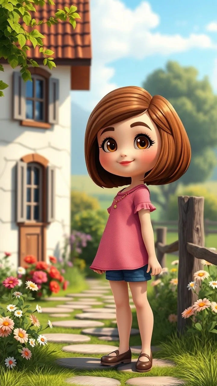 cartonic child girl with realistic face and bob hair and makeup in pretty top and short tight and nice shoes,looking like a beautifull lady standing in country side next to country house with flowers,trees.