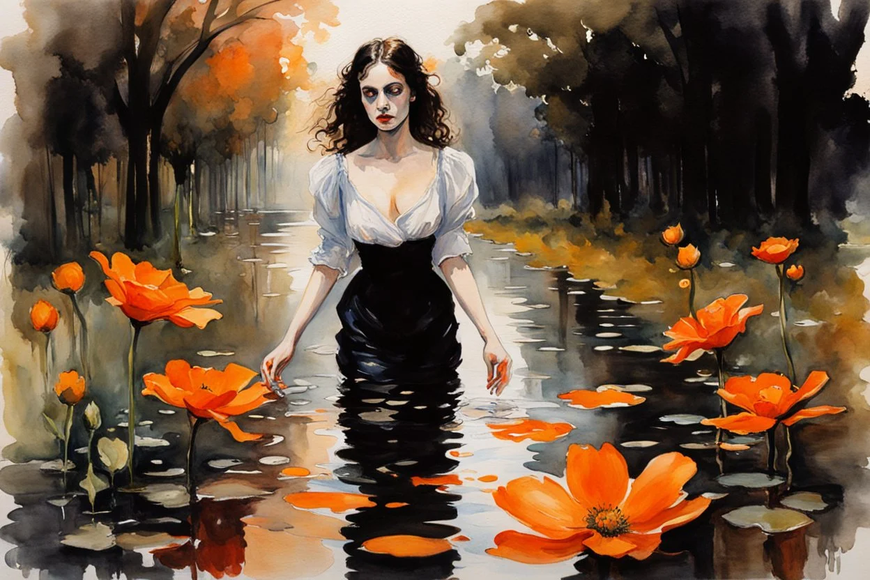 Night, one woman, orange flowers, gothic horror movies influence, puddle, epic, john singer sargent watercolor paintings