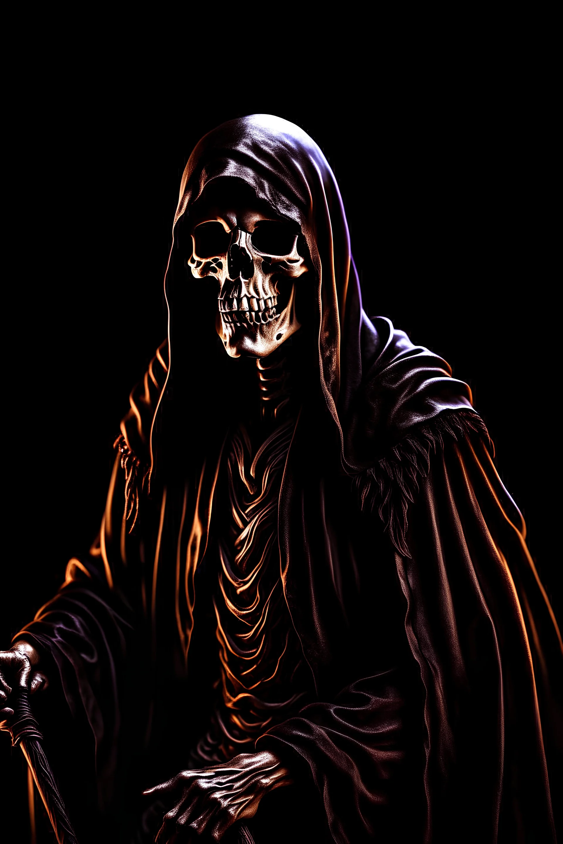 ultra high image quality, Grim Reaper Close-up of an set against AMOLED-worthy pure black backdrop, fantasy art style infused with filter, tailored for vertical wallpaper, exclusive design with no duplicates, radiating beauty suitable for a PC screen image, vivid colors, ultra fine, digital painting.