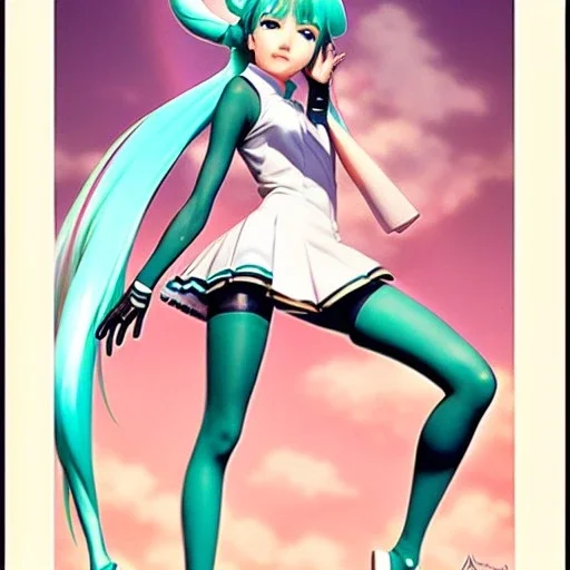 Anime art of beautiful Hatsune miku with beautifel legs by artgerm, ross tran, magali villeneuve, Greg Rutkowski, Gil Elvgren, Alberto Vargas, Earl Moran,, Art Frahm, Enoch Bolles