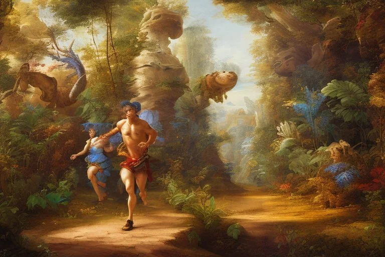 man running in colorful jungle by andrea del sarto