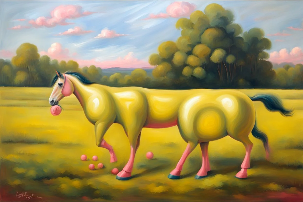 Big pink plastic toy horse.19th painting