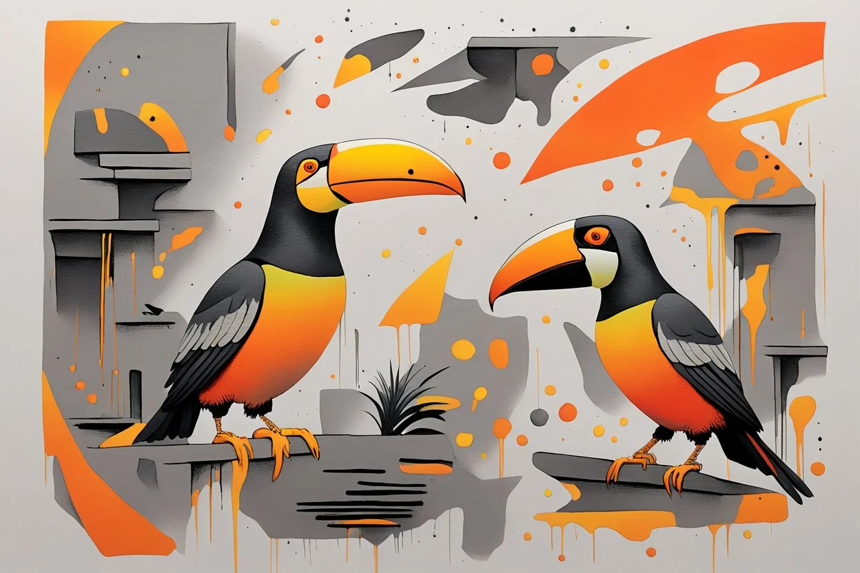 ink and paint of holo sizzle, arafed nonsense contradicting toucans in liminal space, double negative vibe, unnerving vibe, whimisical influence, grotesque vibe, ink and tint leak, minimal, brutalist, Aztec, drab and gray and orange and yellow