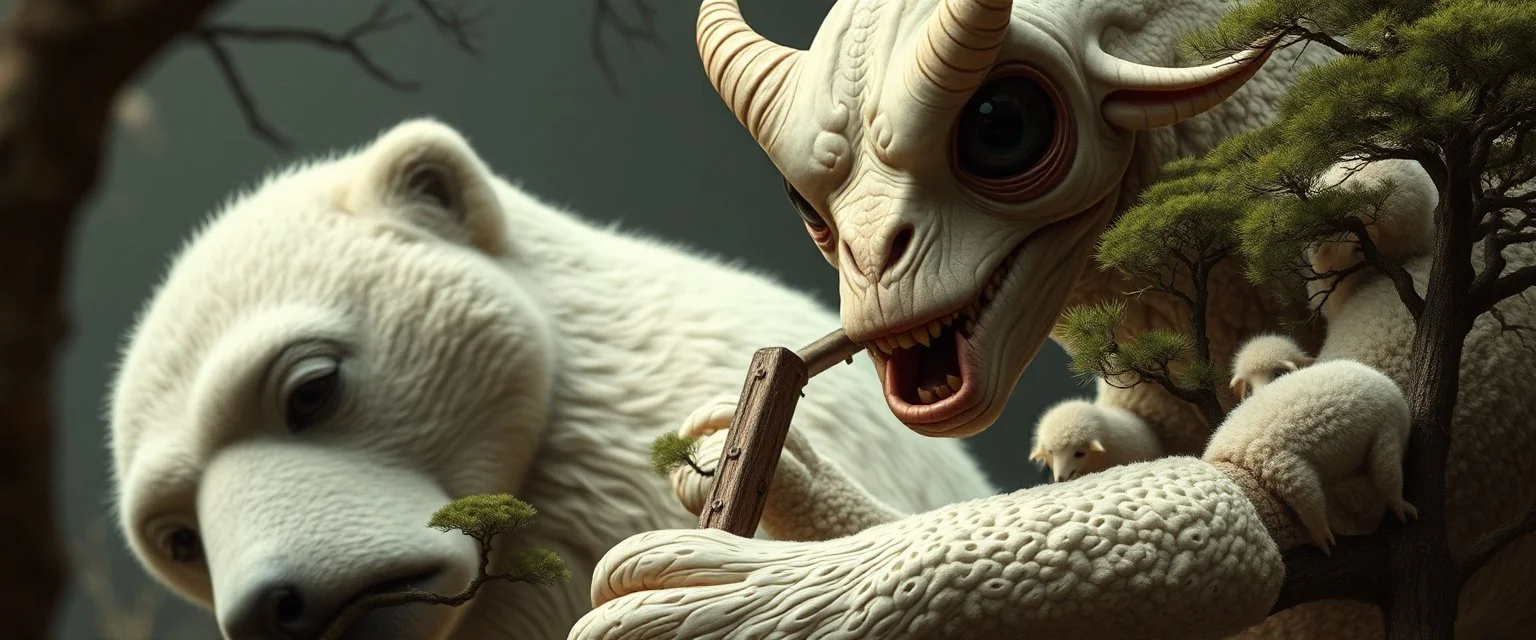 close up on member of jazz giant polar alien sloth gremlin sheep flock climbing trees in the style of H.R. Giger