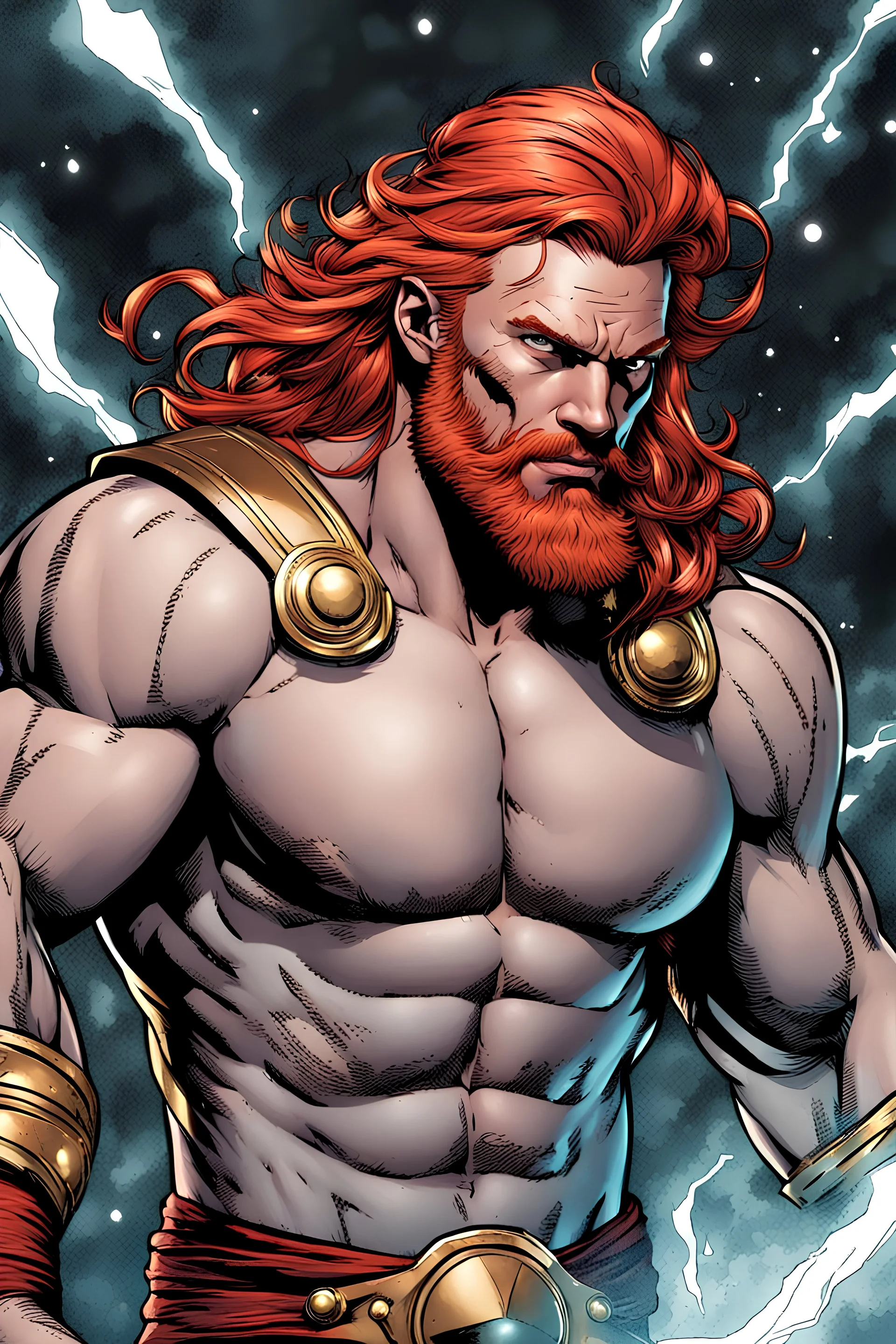 A high quality portrait of a shirtless red haired asgardian in the style of marvel comics