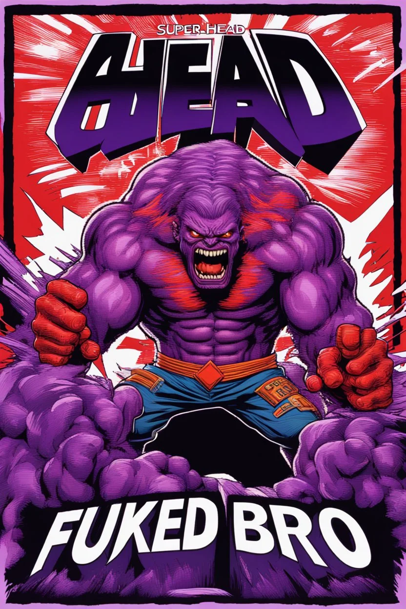 super head fuked title with movie poster title :HEAD FUKED SO MUCH BRO, monster more angry and more 90s style, angry fast, extreme, wild, so so angry, tough sexy red and purple background with 90s style slashes
