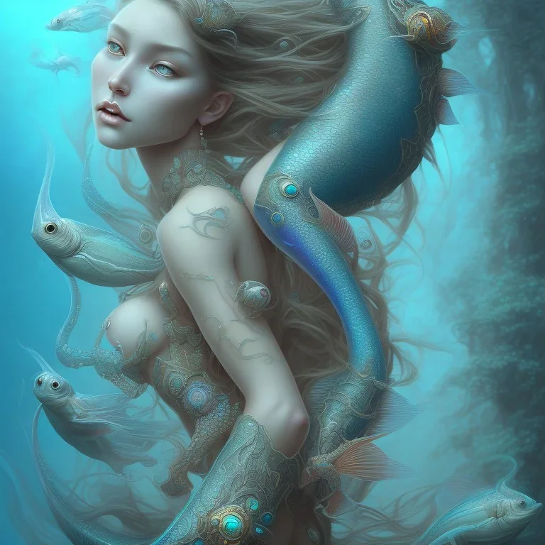 sango fantasy, fantasy magic, intricate, sharp focus, illustration, highly detailed, digital painting, concept art, matte, artgerm and paul lewin and kehinde wiley, masterpiece sexy lips Asian lady fish body mermaid turquoise space lady beach sea