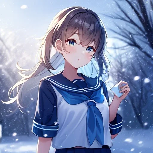 Clear Focus, High resolution, a girl in the snow, wearing a sailor uniform