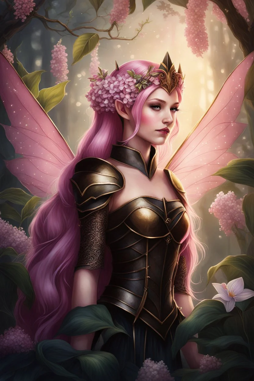 Pink,Hydrangea,orchids,lilies of the valley,night,pink hair,rapunzel hair,elven crown,dragonflies,pointed ears,elven ears,dark fairy princess,sparkle,,dark gold armour,fairy wings,pink