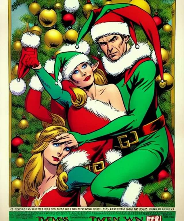 two elves. woman and man. Christmas scene. poster. marvel comic. low-key