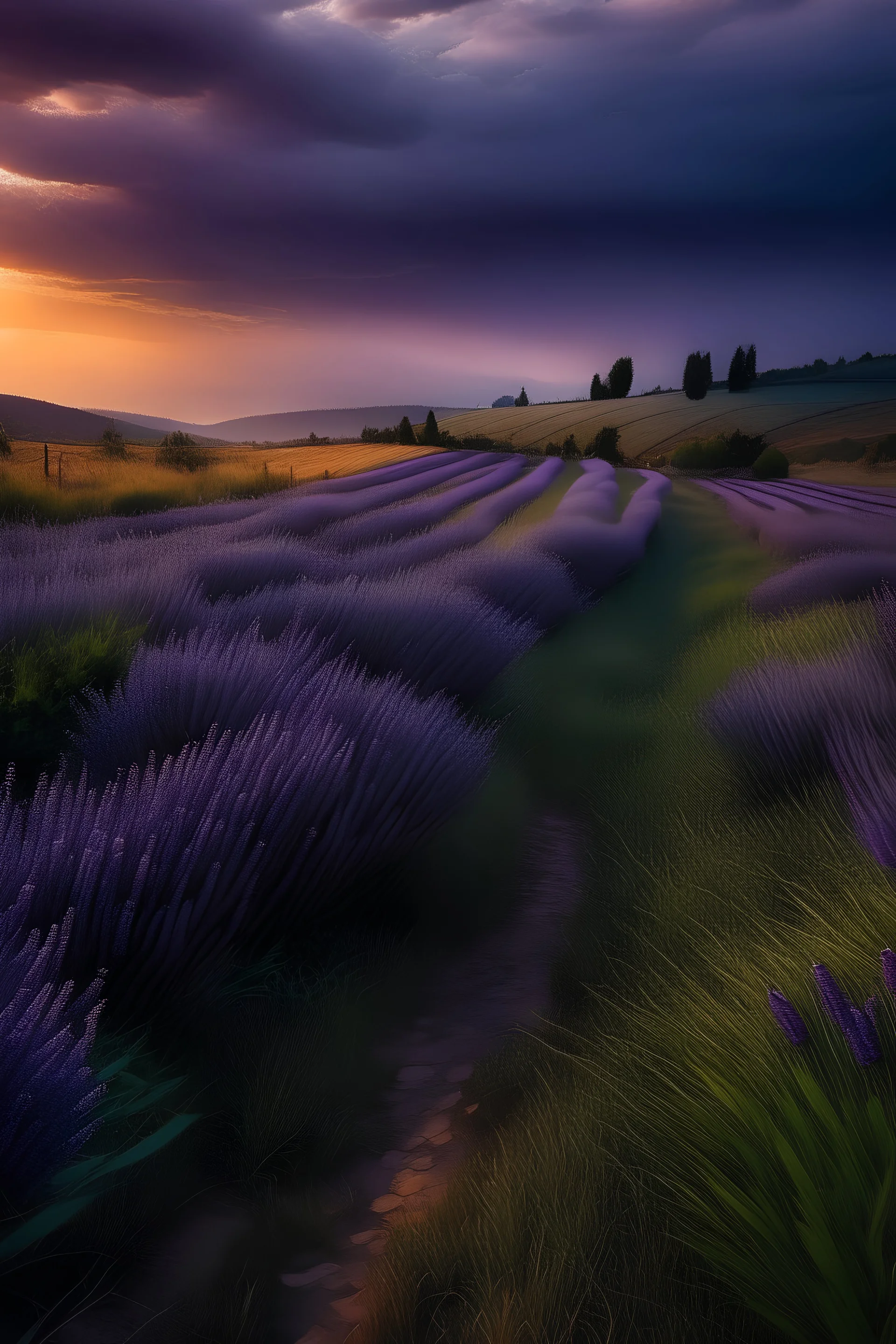 El anochecer despues de un dia lluvioso en un campo serrano de flores de lavanda