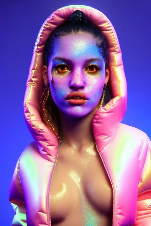 Ultra Realistic image, Rosalía artist, portrait, waist up portrait, long black eye line, sweet face, inflatable hoodie, gold pink and blue style, spray glow make up, rings piercing nose, led ornament, fog, hot, inflatable style bubble latex coat, vibrant color, highly detailed, art stations, concept art, smooth, unreal engine 5, god rays, ray tracing, RTX, lumen lighting, ultra detail, volumetric lighting, 3d, finely drawn, high definition, high resolution.