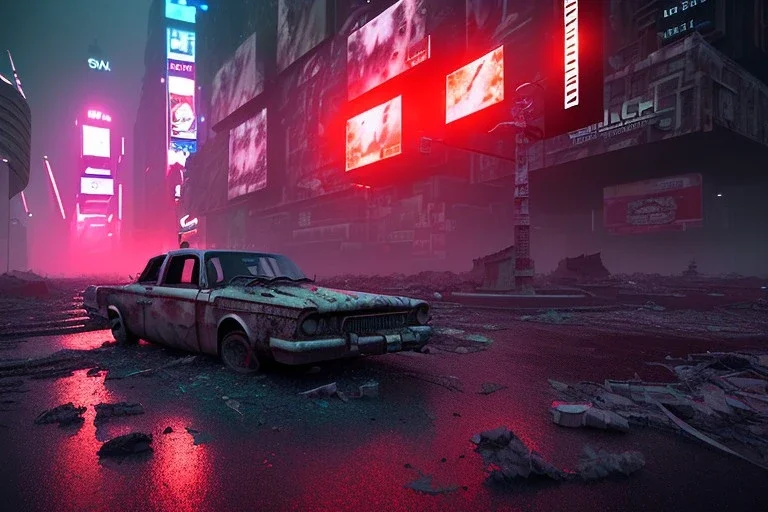 time square , post apocalyptic, run down, residental homes , night time, destroyed buildings , unity, scriptable render pipeline , red tone , volumetric , blue emission , faded fog , lighting.