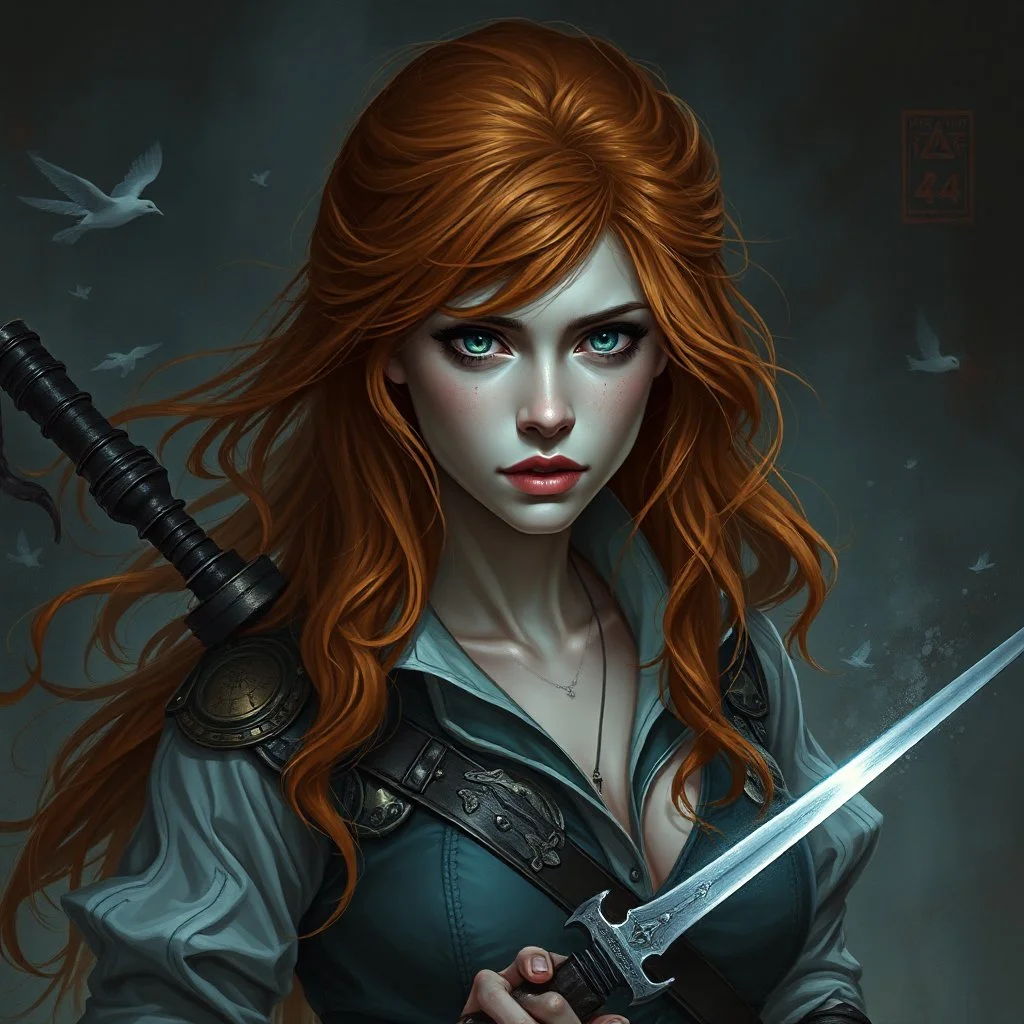 a beautiful fantasy woman, young, ginger hair, troubled, assassin, dark fantasy art