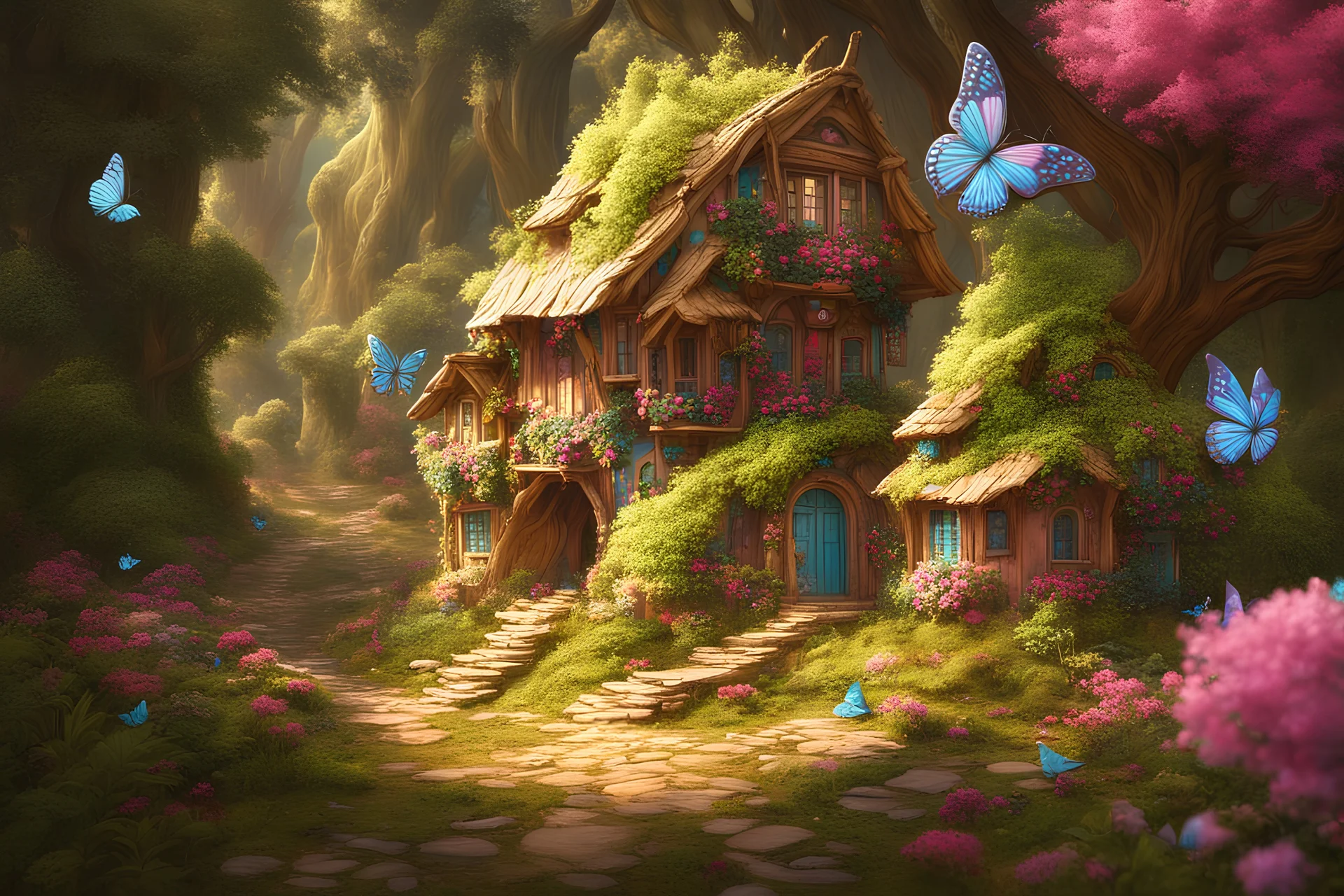 fantasy: an efes village with small, very colorful, magical houses in a magical forest . The trees are blue and pink , little lights everywhere and butterflies. Soft, real and magical atmosphere. There is a turquoise river in the center of the village