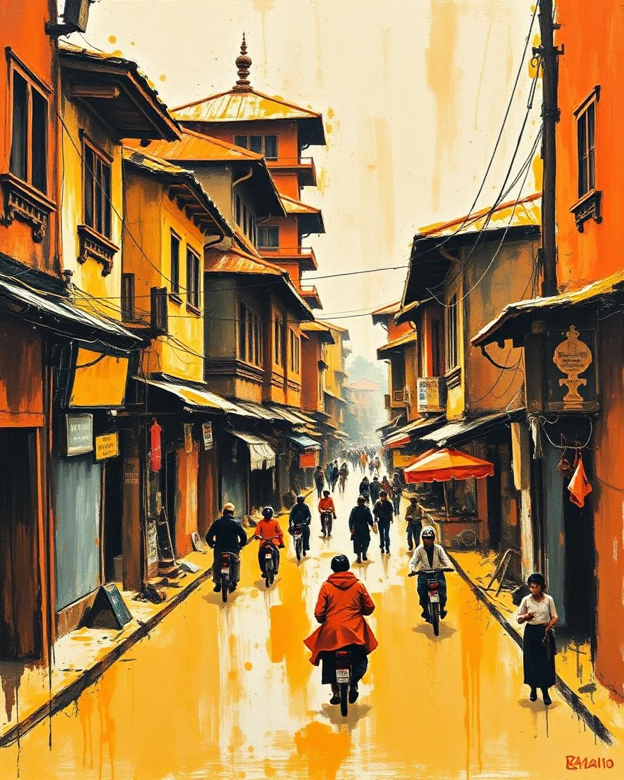 bustling medieval Kathmandu street, thick impasto painting, centered, minimalist, thick sparse brushstrokes, bold colors of orange, beige, yellow, red and black, sporadic tint ink leaks, perfect verticals, amazing parallel