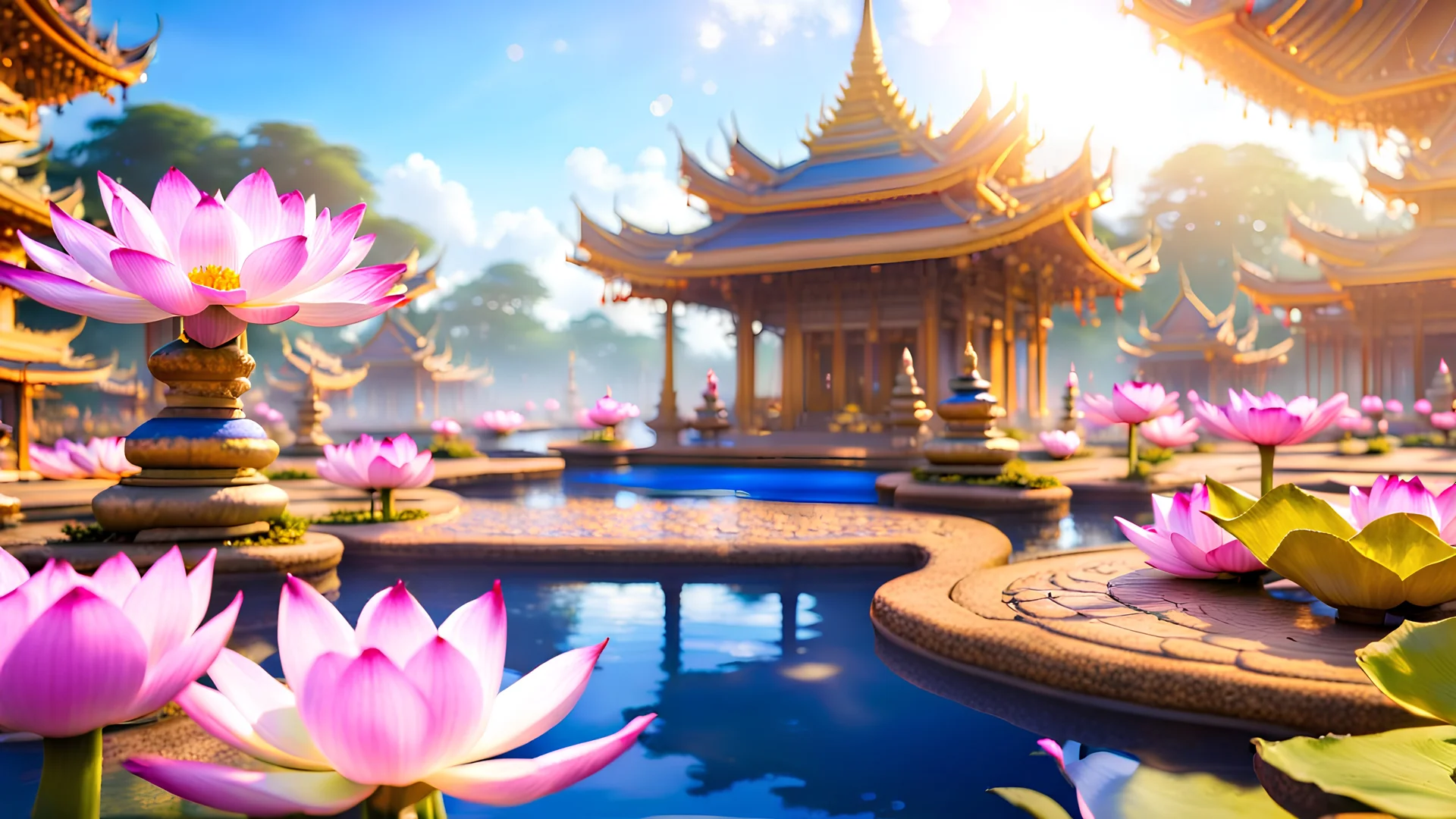 beautiful colorful Asia state spring's flowers, nature, little thai temple, fountains, lake with lotus, fantasy, romantic dreamy mood, elegant, cute, dramatic viewing, amazing world, pastel colorful, high contrast, 8k high definition, unreal engine 5, extremely sharp detail, light background,
