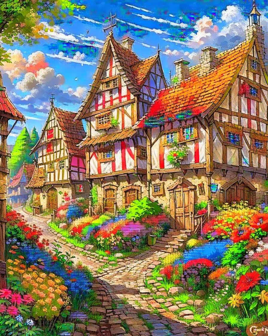 german medieval village with flowers rpg art painterly