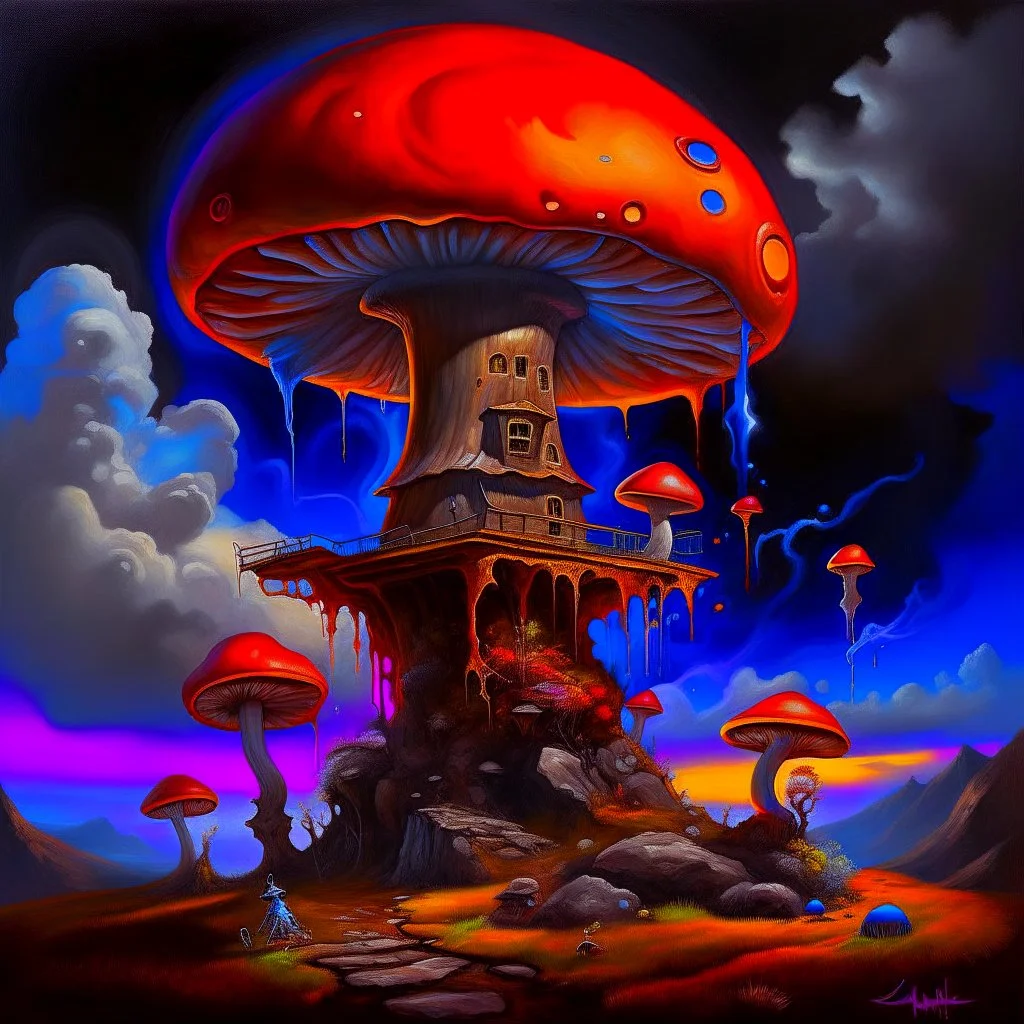 A fantabulous black, orange, and blue (((mushroom tower house))) erected atop a (geologic pillar), surrounded by the uncanny imaginative ((( swirling skies))), offset by the stark hues of a (neon-tinged nebulous space scape), within. captured by the hand a skilled master painter with a focus on (softly blurred compositions and voluminous lighting).