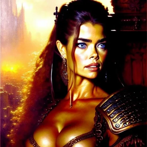 portrait beautiful face Denise Richards, busty,ancient metal armor balanciaga fashion clothe painting by gaston bussiere, greg rutkowski, yoji shinkawa, yoshitaka amano, tsutomu nihei, donato giancola, tim hildebrandt, oil on canvas, cinematic composition, extreme detail,fit full head inside picture,16k