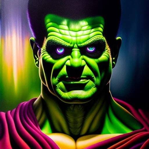 Ultra detailed fullbody Portrait in oil on canvas of Piccolo merges HULK,extremely detailed digital painting, extremely detailed face,crystal clear Big glowing eyes, mystical colors ,perfectly centered image, perfect composition, rim light, beautiful lighting,masterpiece,8k, stunning scene, raytracing, anatomically correct, in the style of robert e howard and Wizyakuza and Ohrai Noriyoshi and Simon Bisley and uncannyknack