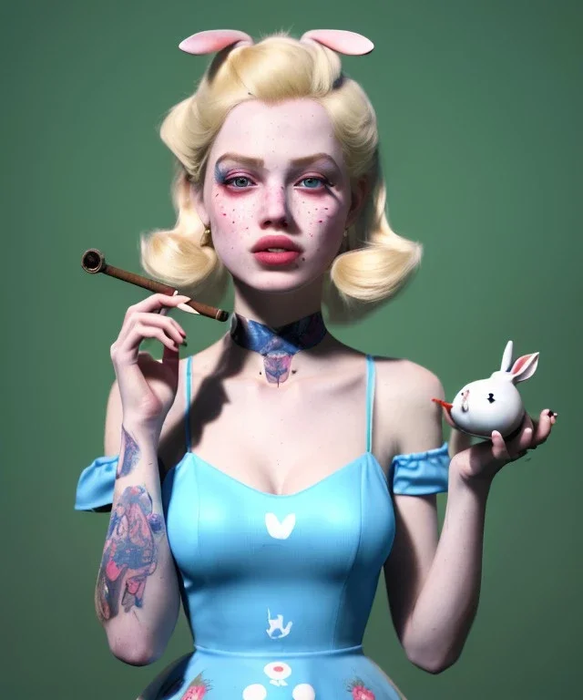 Ultra realistic portrait, wonderland, happy blonde Alice smoking a pipe, blue dress accompanied by elegant anthropomorphic white rabbit, circus dress style, old school tattoo, laughter, smoke, marijuana garden, mushroom lamps, glow eyes, perfect iris, soft color, highly detailed, unreal engine 5, ray tracing, RTX, lumen lighting, ultra detail, volumetric lighting, high definition.