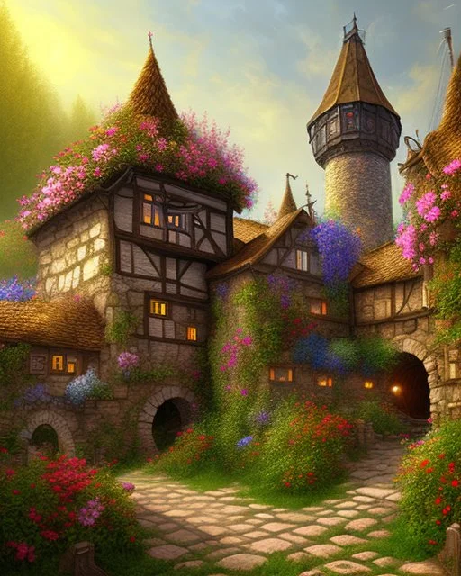 medieval fantasy village with flowers rpg art painterly