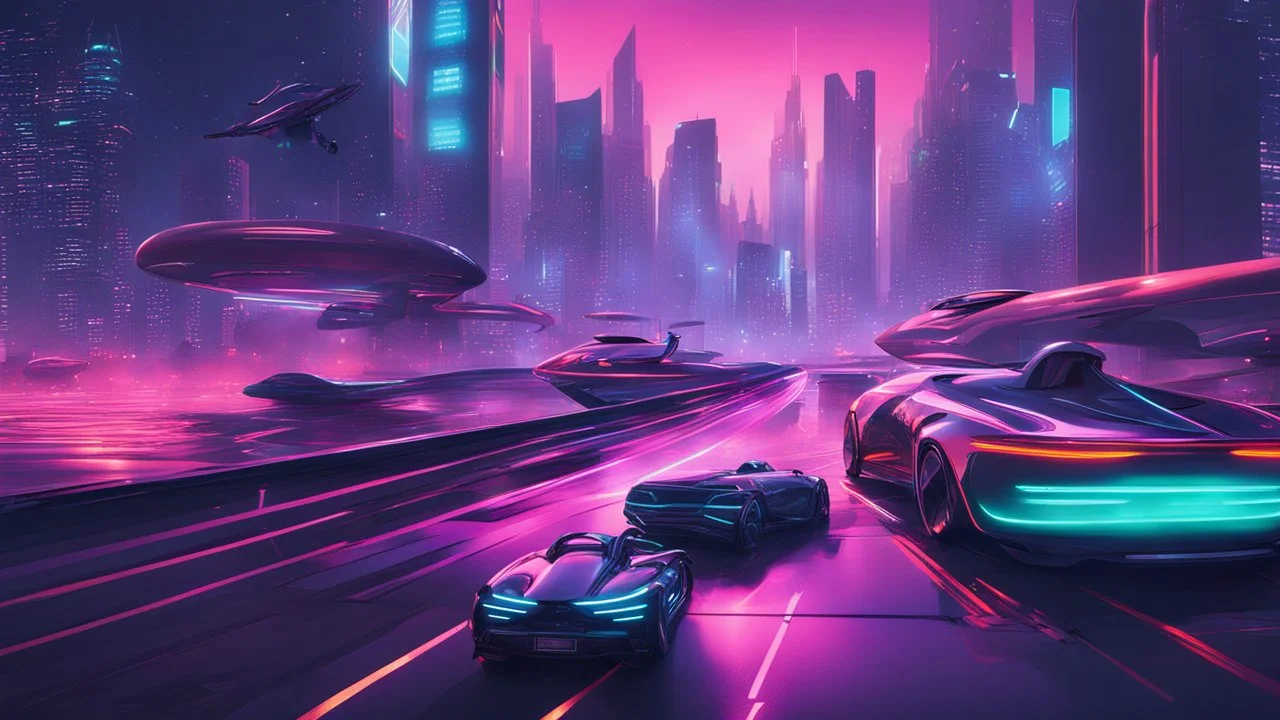 A futuristic cityscape at night with neon lights and flying cars.