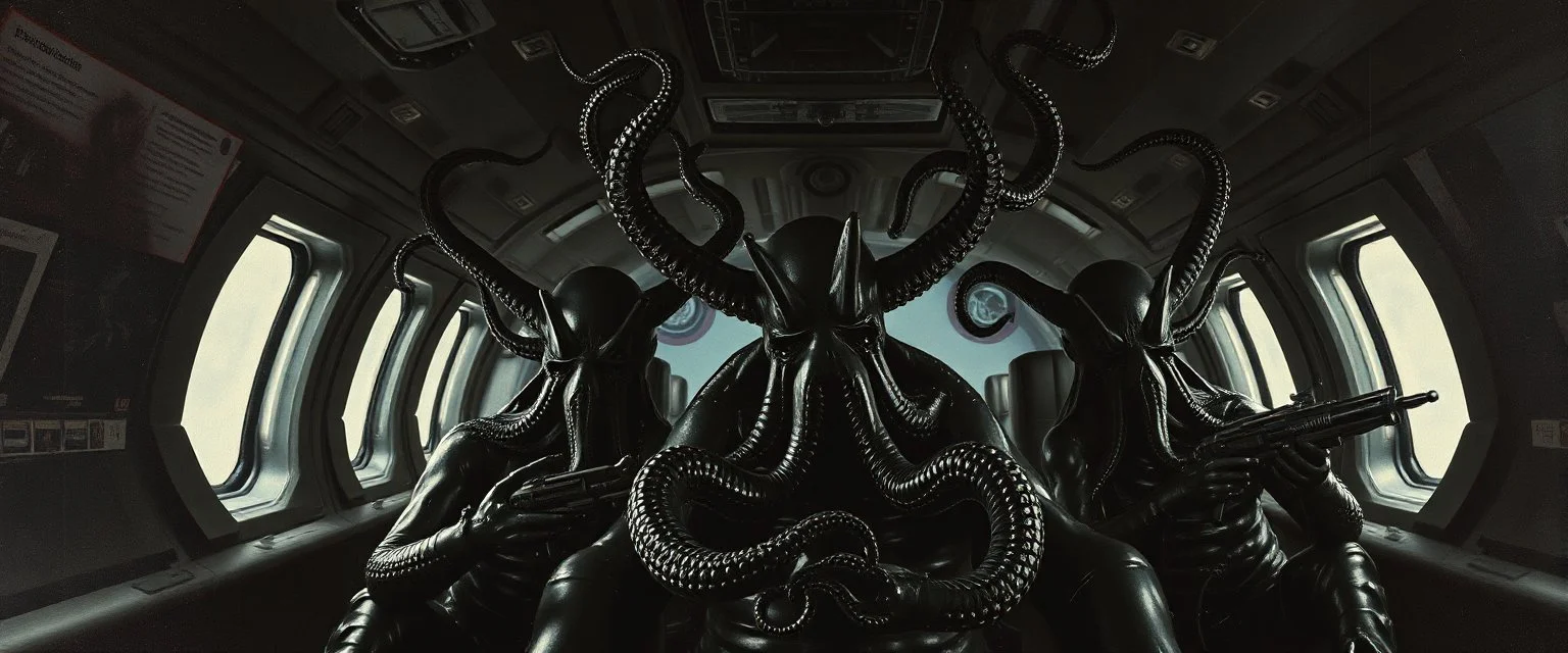 master oil painting by Rembrandt, black glistening slimy octopus insectoid hypnotic Nephilim tribe trauma watchers commando in spaceship with some scared humans, in the style of Giger