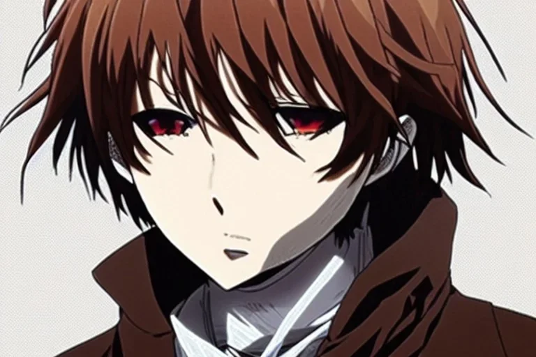 Detailed pretty anime boy, brown hair with blonde strips, keep head in frame, headshot, glaring, brown eyes, covered in bandages, looking serious, illustration, digital painting, only one character, color scheme red, wearing many bandages, Osamu Dazai inspired, anime inspired, manga, dazai, red hair, Chuuya, pretty, scruffy, angry, brooding, manga inspired, small nose, long lower eyelashes, handsome, widows peak, headshot, glaring, cute, wearing a bandage on neck, small nose, scruffy hair