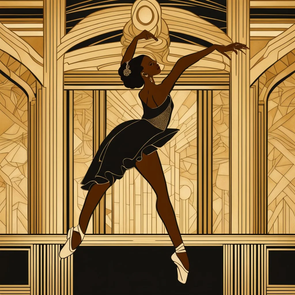 a black ballerina in an Art Deco ballroom, by artist "Ingrid Umber",by artist "Sienna Lamberts"