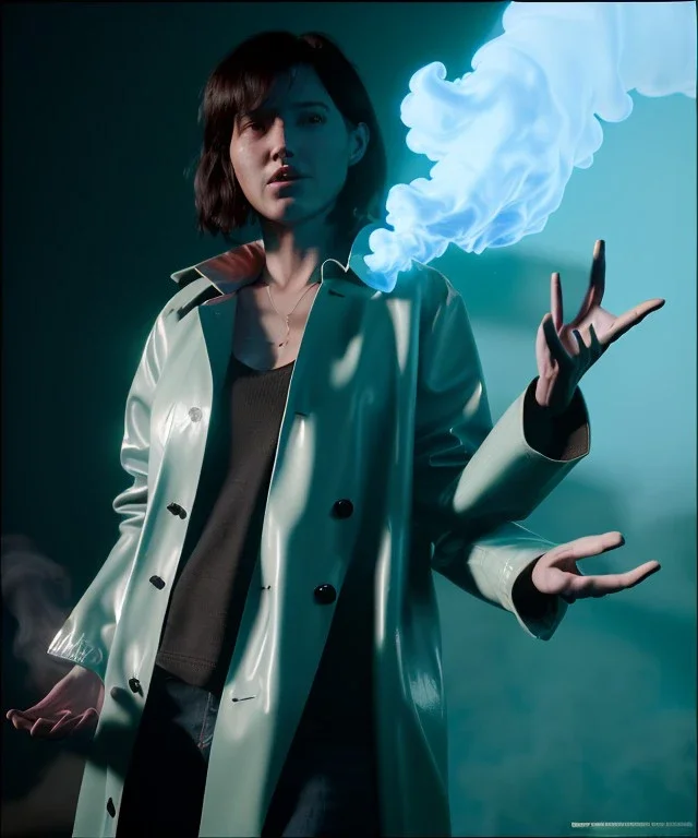 Ultra Realistic image, photo studio, medium shot view, a woman making the fuck off gesture with his hand, blue smoke coming out of his nose and mouth, happy. Latex inflatable coat, soft color, highly detailed, unreal engine 5, ray tracing, RTX, lumen lighting, ultra detail, volumetric lighting, finely drawn, high definition, high resolution.